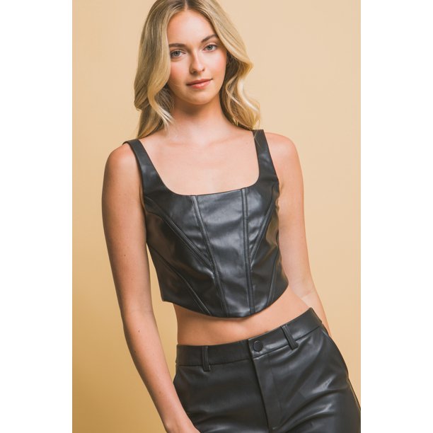 Saronite Top de Corsé Corto de Piel Sintética, Negro (para Mujer)