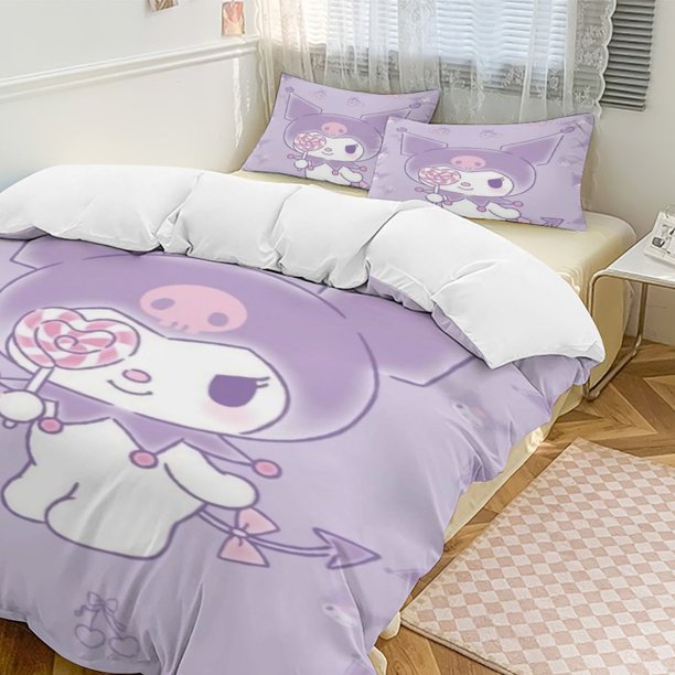 Kuromi Quilt Set Thicken Soft 3 Pieces Bedding Set All Season Duvet Cove with 2 Pillowcases for Adult Women Girls Teens Home Room Decor