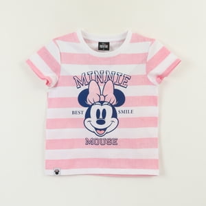 Polera Manga Corta Niña Rosado Rayas Minnie Smile Disney