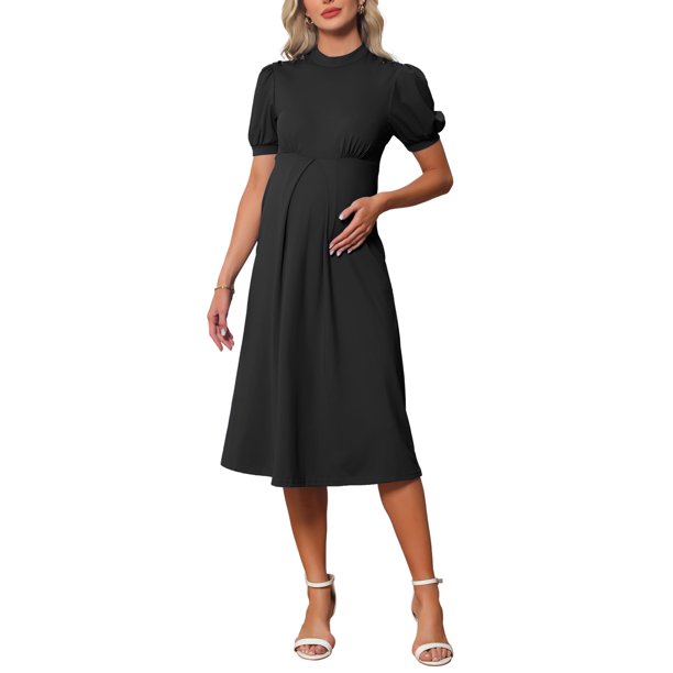 INSPIRE CHIC Vestidos de Trabajo para Mujeres Embarazadas Cuello Simulado Botón Plisado Frontal Oficina Línea A Vestido de Negocios XL Negro