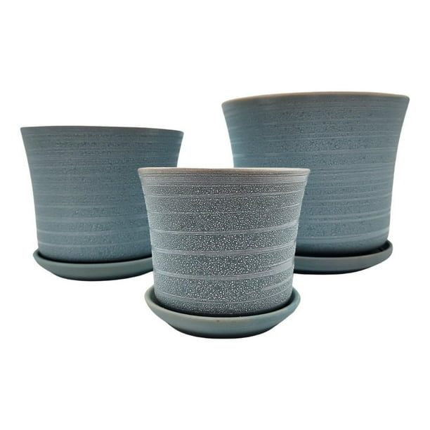 Set 3 Maceteros Maceta De Cerámica Relieve Para Plantas celeste