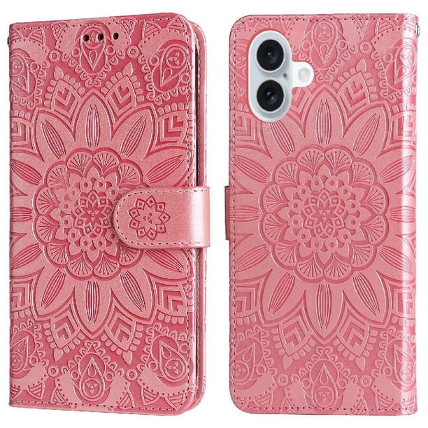 Funda tipo cartera FOXDOCK para iPhone 16 Plus , diseño girasol en relieve, cuero PU, cierre magnético, soporte y tarjetero
