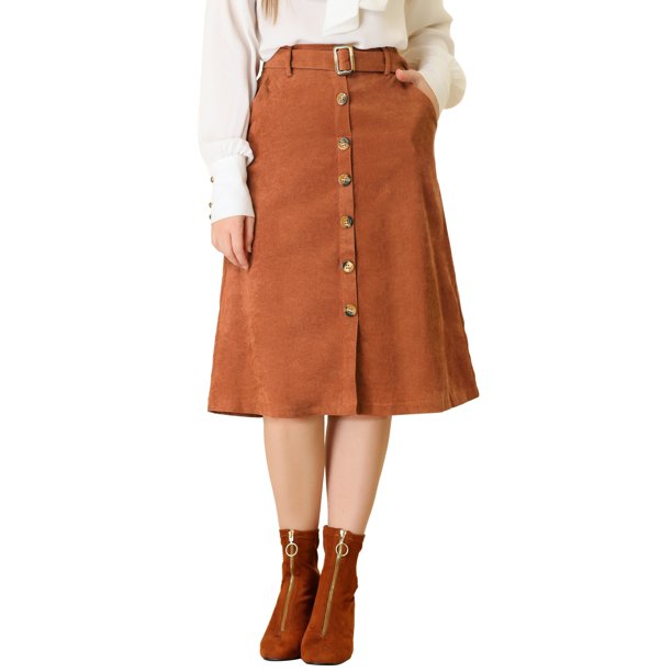 INSPIRE CHIC Falda Midi de Pana de Cintura Alta para Mujer, Línea A, con Botones al Frente, Plisada, con Cinturón y Bolsillos, Caramelo 3XL