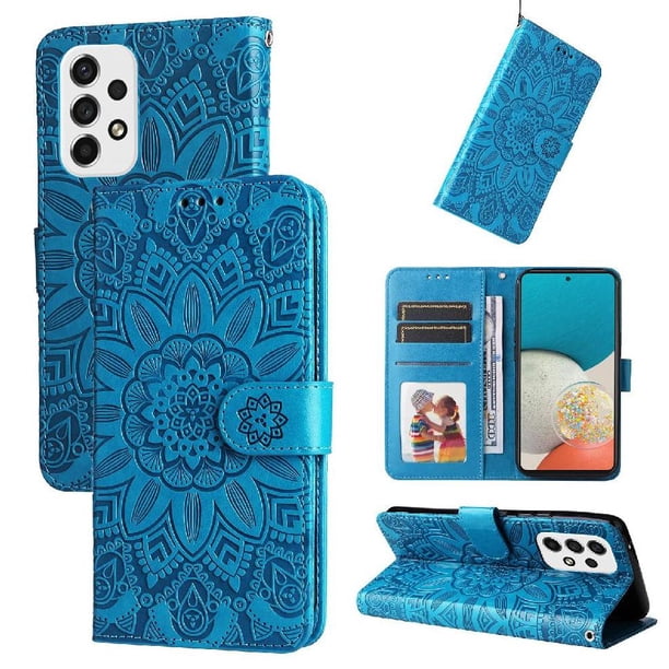 Funda tipo cartera FOXDOCK para Samsung Galaxy A73 5G , diseño girasol en relieve, cuero PU, cierre magnético, soporte y tarjetero