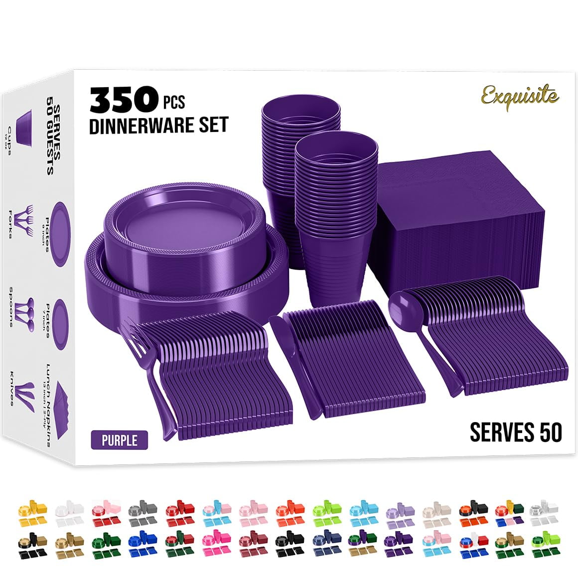 Party Solids - Juego De Vajilla De Fiesta Desechable, 350 Piezas, Color Morado Para 50 Invitados