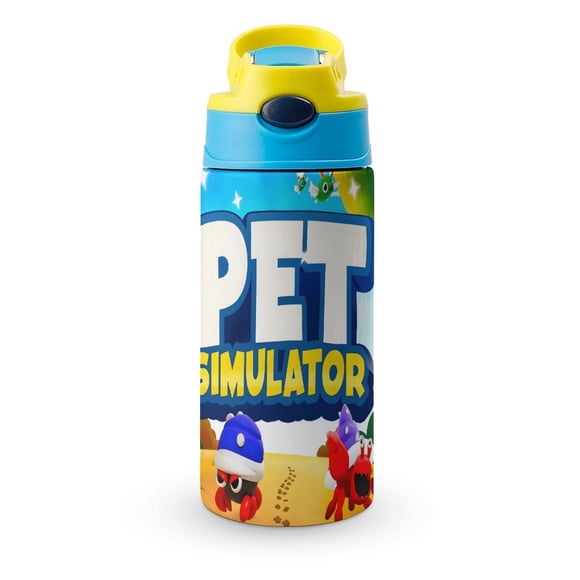 Pet Simulator Botella de Agua con Tapa Pop Top de Un Toque, Acero Inoxidable, a Prueba de Fugas, para Deportes, Botella Infantil azul 12 oz