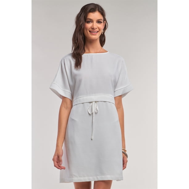 Vestido Mini Blanco Roto de Manga Corta, Corte Holgado, con Cordón Ajustable en la Cintura y Detalle de Lazo