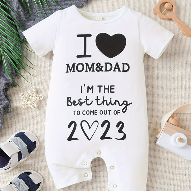 Baby Boys And Girls Casual "I Love My Mom & Dad" Printed Short Sleeve Romper, Cute Cotton Comfy Jumpsuit Clothes