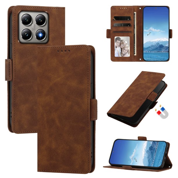 Funda Billetera Delgada para Xiaomi 14T Pro con Ranuras y Soporte Marrón