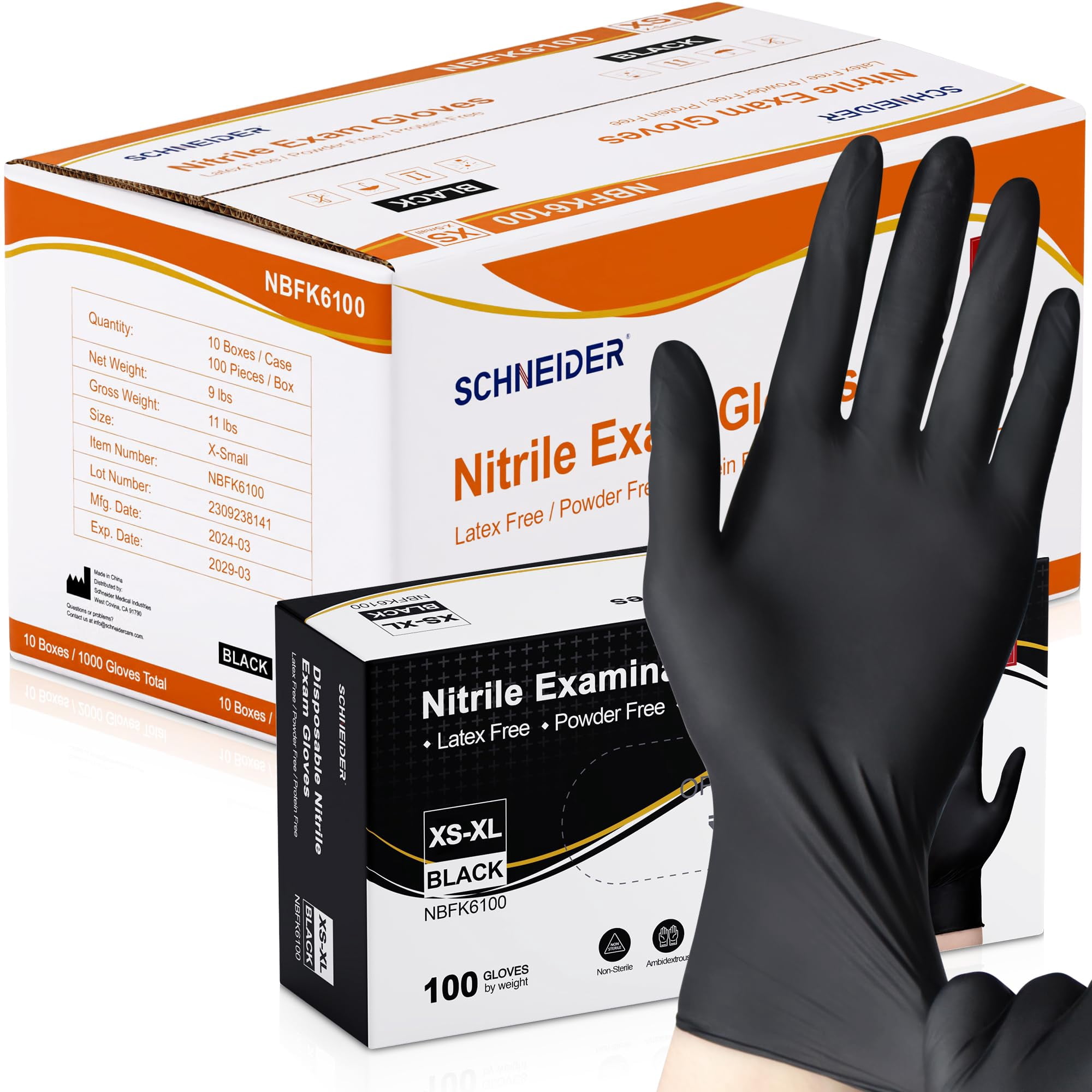 Schneider - Guantes Desechables Nitrile Exam Caja De 1000 Unidades Negros
