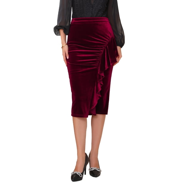 Falda de Terciopelo con Fruncido de Cintura Alta para Mujer INSPIRE CHIC, Formal, de Noche, Cóctel, Midi, Lápiz, L Burdeos