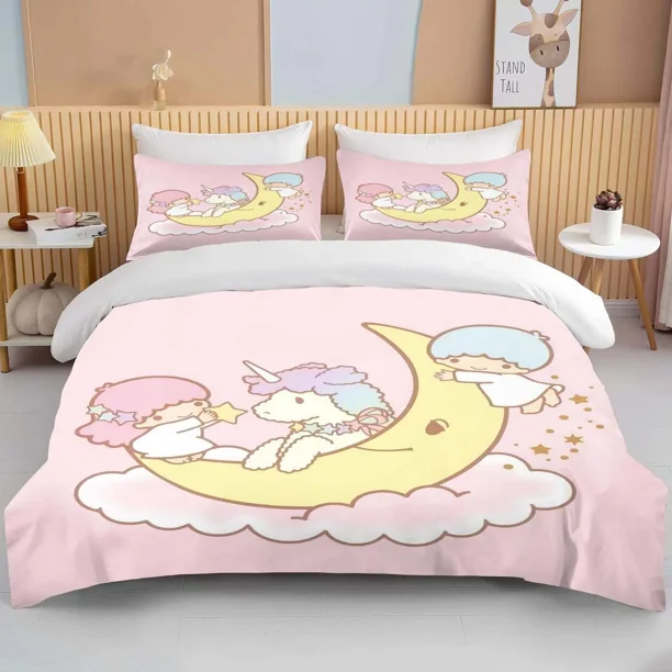 v2082 Bed Sheets Little Twin Stars Printed Bedding Set Cartoon Anime Bed Cover Pillow Case Duvet Cover Kids Adult Bedroom Decor 3-Piece Bedding Set (1 Duvet Cover + 2 Pillow Shams) Bed Sheets ju2082