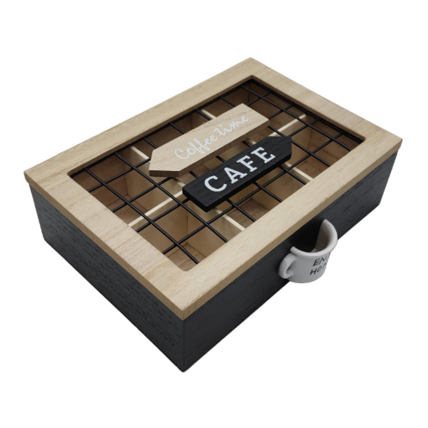 Fliperex - Caja De Te 6 Divisiones Tapa Con Diseño Decorativa Decohogar Negro
