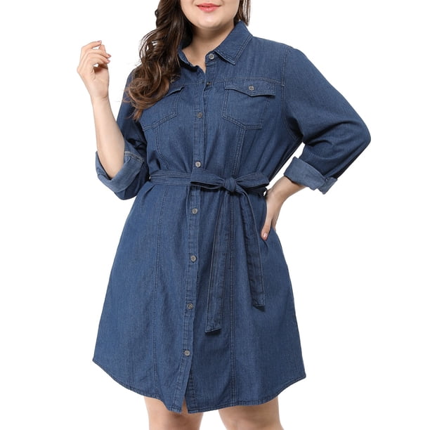 Agnes Orinda Vestido de Mezclilla Midi con Botones, Mangas Largas y Cinturón para Mujer Talla Grande, Ideal para Escuela, Universidad y Pascua, 1X Azul