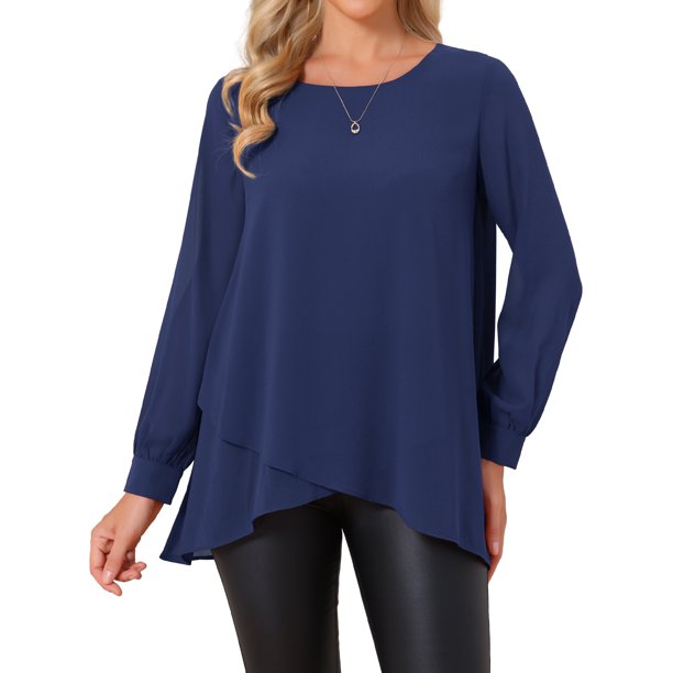 INSPIRE CHIC Blusas de Mujer de Altura Baja Cuello Redondo Blusa de Gasa Asimétrica Camisa Suelta Manga Larga Casual de Otoño Talla L Azul Oscuro