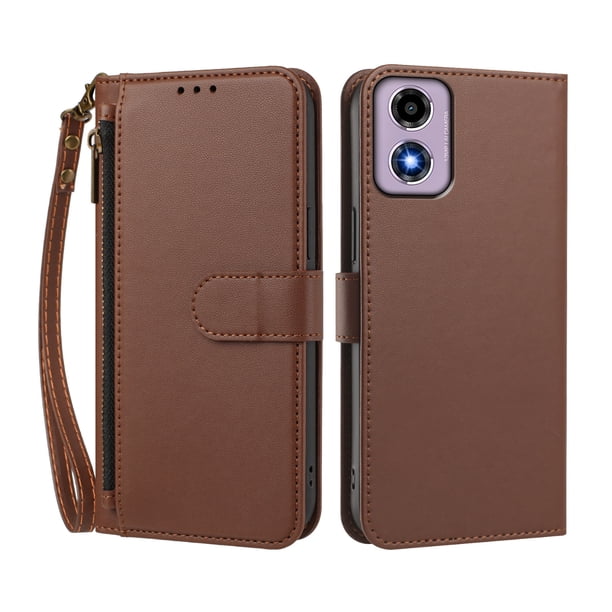 Funda Tipo Billetera para Motorola Moto E14 4G con Soporte y Bolsillo con Cierre Marrón