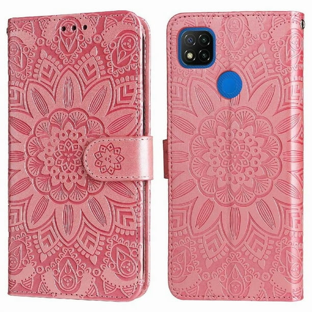Funda tipo cartera FOXDOCK para Xiaomi Redmi 9C , diseño girasol en relieve, cuero PU, cierre magnético, soporte y tarjetero