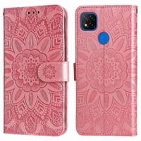 Funda Tipo Cartera Foxdock Para Xiaomi Redmi 9C , Diseño Girasol En Relieve, Cuero Pu, Cierre Magnético, Soporte Y Tarjetero