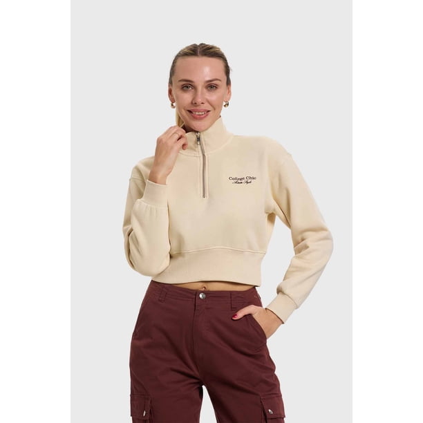 Polerón Mujer Medio Cierre Pretina Beige