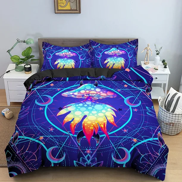 x1584 Bed SheetsPsychedelic Bedding Set Mushroom Duvet Cover Bedroom ed Comforter Covers With Pillowcase Home Textile /PCS 3-Piece Bedding Set (1 Duvet Cover + 2 Pillow Shams) nj1584