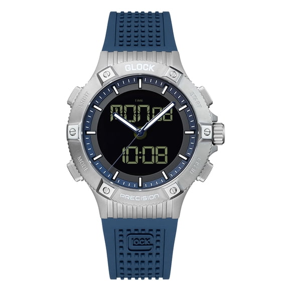Reloj Glock Precision para hombre, carcasa de acero plateado y silicona azul