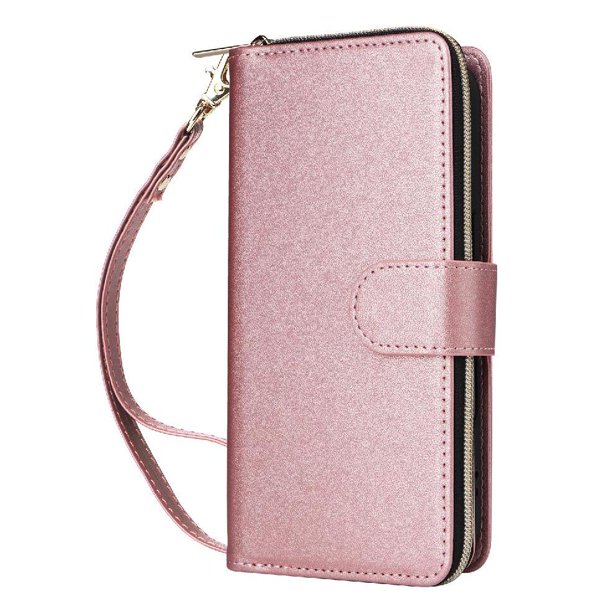 Funda Cartera con Cremallera y Correa para Samsung Galaxy A56 Soporte y Tarjetero Oro rosa