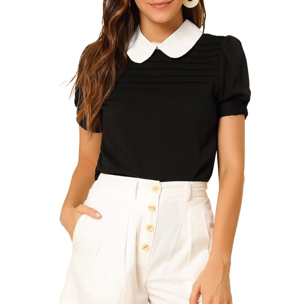 INSPIRE CHIC Blusa Vintage de Mujer para Regreso a Clases con Cuello Peter Pan en Contraste y Mangas Cortas Abullonadas L Negro