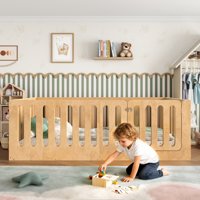 M&Ms - Twin Size Floor Bed With High Fence For Kids, Solid Wood Kids Montessori Bed With Door, Low-Profile And No Box Spring Needed Design, Natural.(Patent Protection)