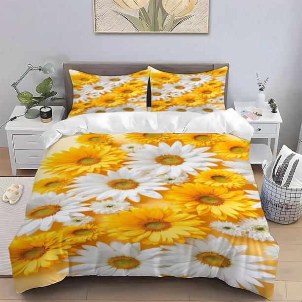 3pcs Yellow and White Floral Print Bedding Set Polyester