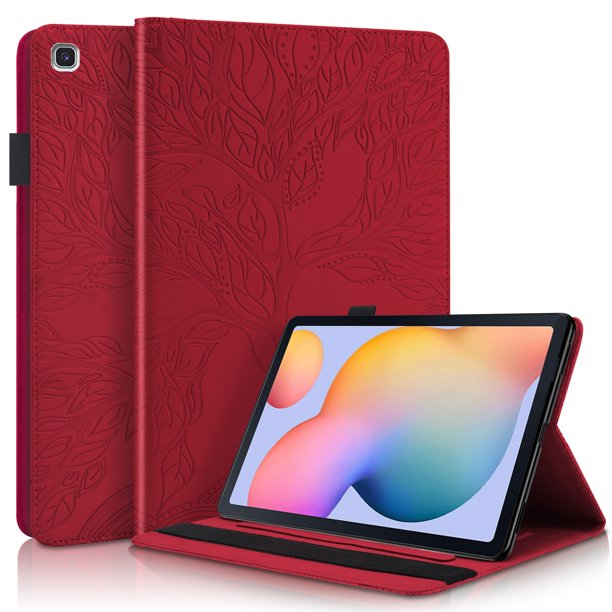 Funda con relieve del Árbol de la Vida para tablet Samsung Galaxy Tab S6 Lite con soporte, ranuras para tarjetas y soporte para lápiz óptico. Rojo