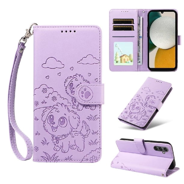 Funda Cartera para Samsung Galaxy A34 5G Perro Cachorro Grabado con Tarjetas Soporte Correa Morado