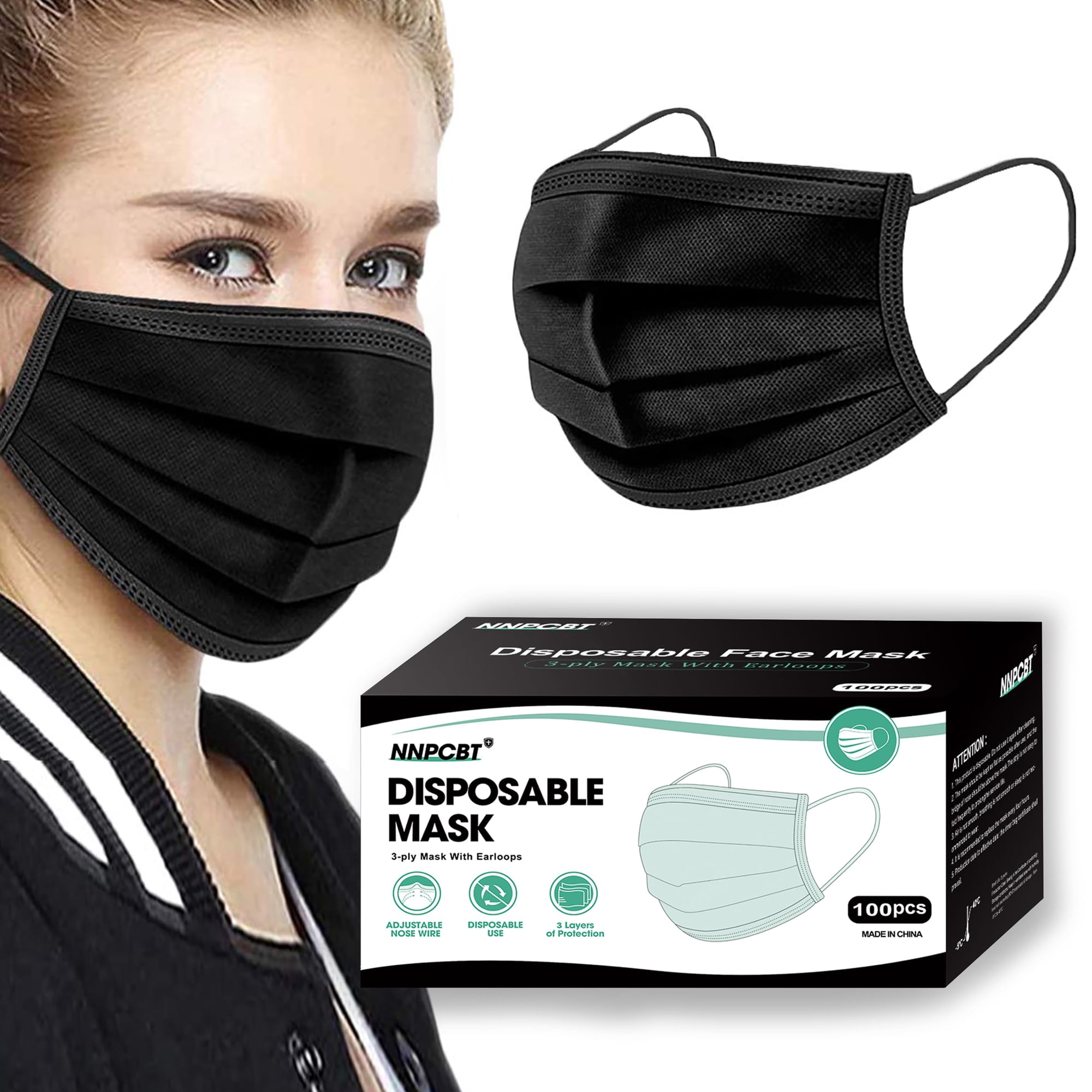 Mascarilla Desechable Nnpcbt, 3 Capas, Negra, 100 Unidades