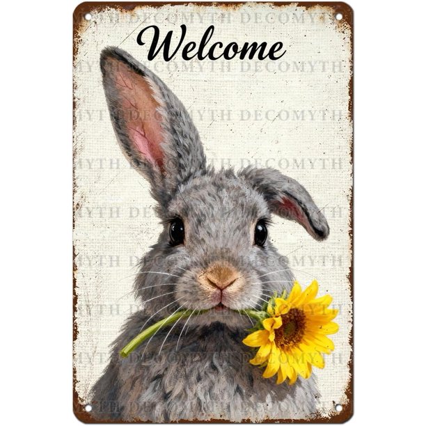 Letrero estaño metal conejo Pascua vintage conejo flor huevo primavera arte pared hogar granja cocina dormitorio 20x30cm