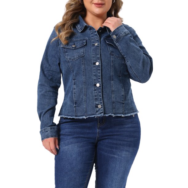 Agnes Orinda Chaqueta de Mezclilla Lavada con Bolsillos para Mujer Talla Grande de Manga Larga con Cuello Abatible para Escuela o Universidad 4X Azul Lavado Nieve