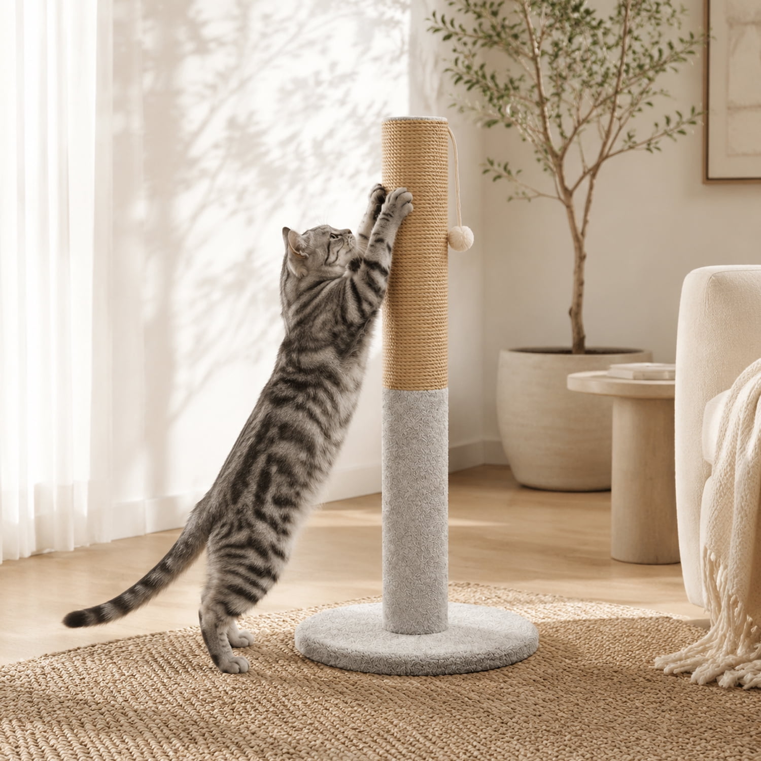 Rascador para Gatos 68 cm Poste Vertical de Sisal Gris con Base Redonda Estable