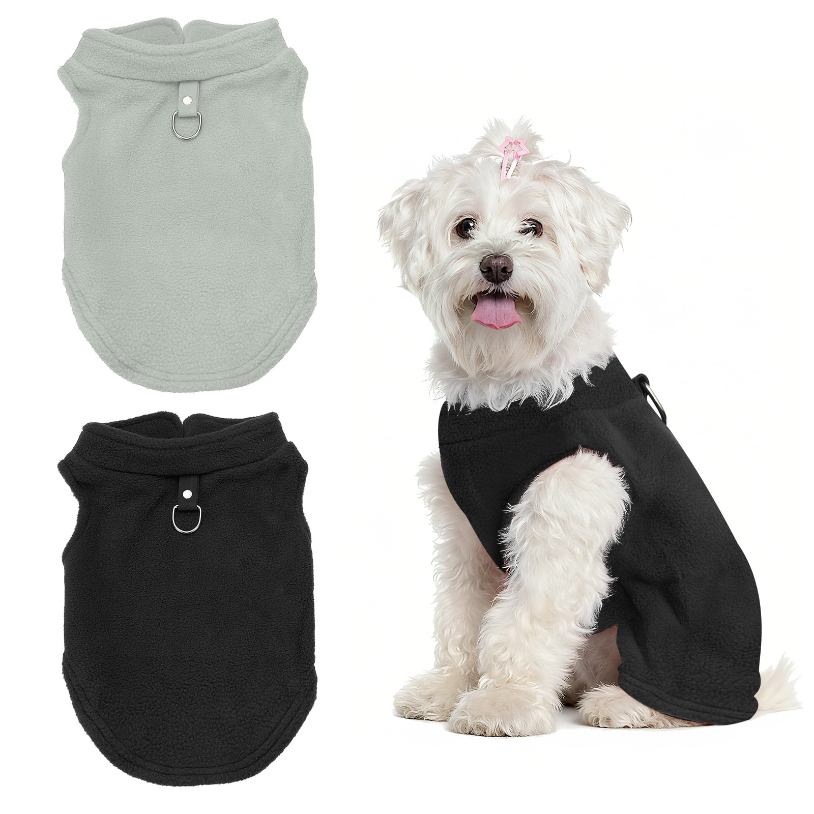 Uxcell Chaleco de Forro Polar para Perros, Abrigo de Forro Polar Elástico con Anillo para Correa Ropa Gruesa de Invierno para Mascotas Suave (S, Sólido, Negro/Gris, 2 Paquetes)