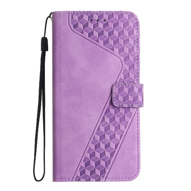 Funda tipo cartera para iPhone 16E con tarjetero, bolsillo para billetes, soporte, cierre magnético y correa para la muñeca, funda tipo folio con textura geométrica morado
