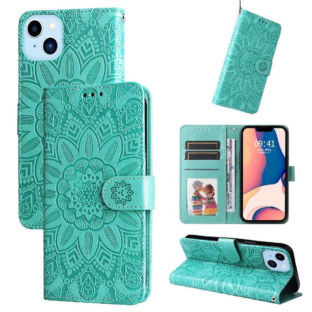 Funda tipo cartera FOXDOCK para iPhone 14 Plus , diseño girasol en relieve, cuero PU, cierre magnético, soporte y tarjetero