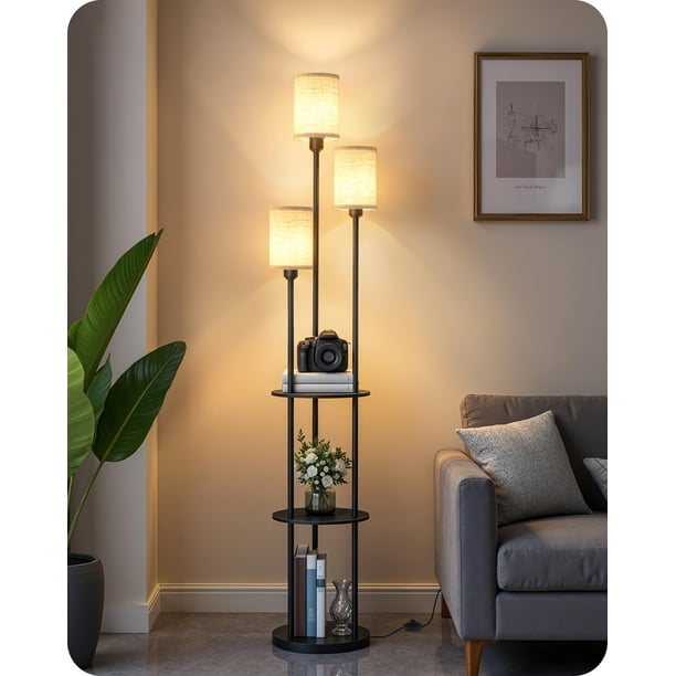 GOEBLESON Lámpara de pie con estantes, lámpara moderna de pie con 3 pantallas de lino y interruptor de pie, lámpara de pie de 3 luces, para salón, dormitorio, estudio, oficina, negro y beige E53LD05