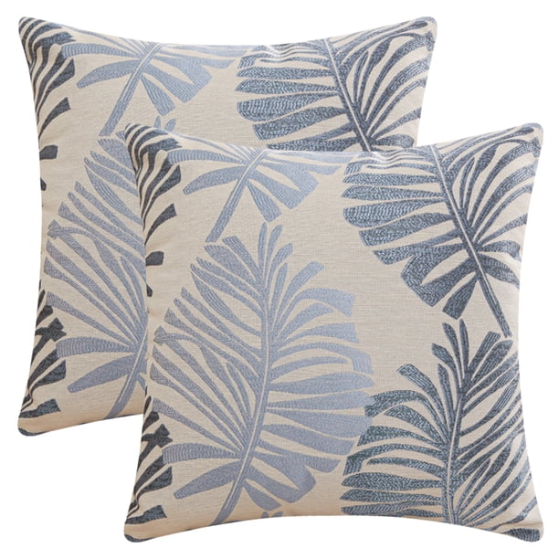 REGALWOVEN Paquete de 2 fundas de cojín decorativas estilo rústico funda de almohada suave con patrón de hoja de palma para el hogar azul claro 22" x 22"