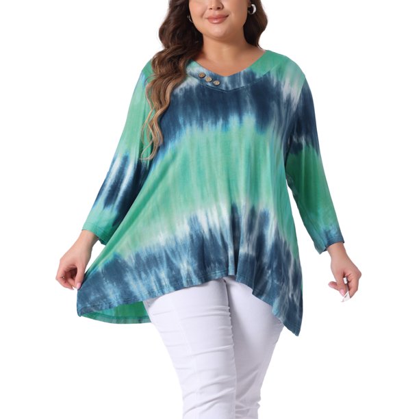 Agnes Orinda Camisetas de Talla Grande para Mujeres con Cuello en V, Manga 3/4, Ajuste Suelto, Blusa Casual, Camiseta de Teñido Anudado, Moderna