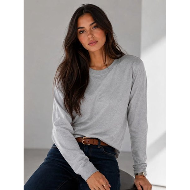 Polera Manga Larga Cuello Redondo 250g Basica Unisex Algodon Gris S-m Lisa