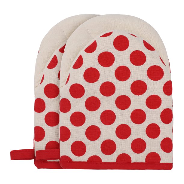 REGALWOVEN Guantes de Horno de Algodón Suave, Guantes de Cocina Resistentes al Calor, Agarre Flexible para Hornear, Juego de Guantes de Cocina Lunares Rojos 7.1x5.5 pulgadas