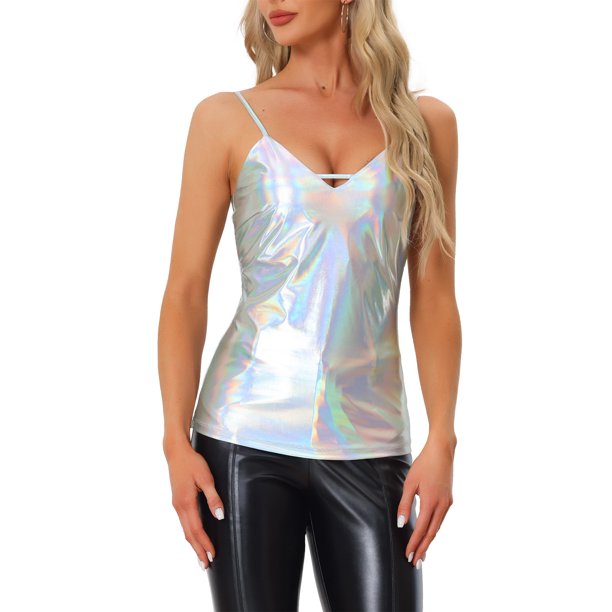 INSPIRE CHIC Camisola Metálica de Halloween para Mujer con Tirantes Espagueti y Espalda Descubierta, Talla XS, Plateado Holográfico