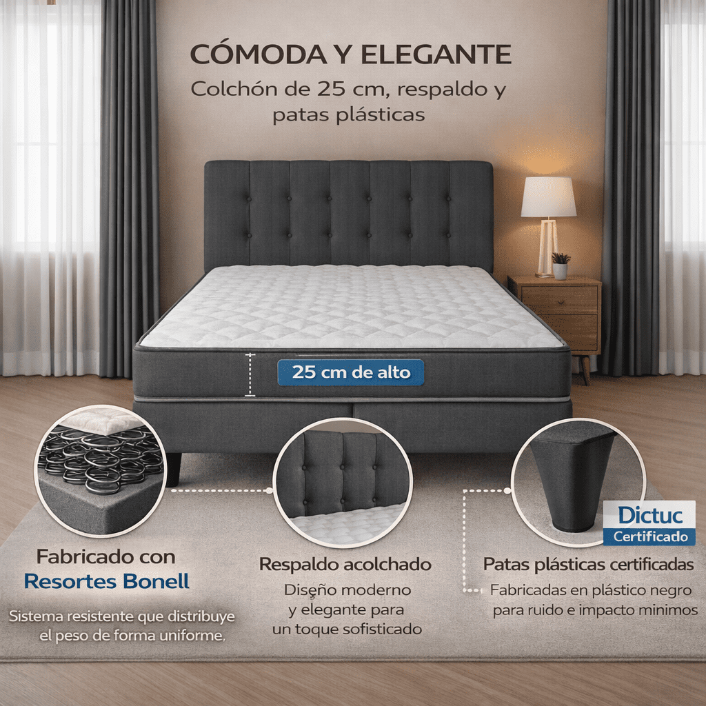 M&e - Cama 2 Plazas Base Europea + Colchón 25 Cm Resortes Bonnell + Respaldo Tapizado