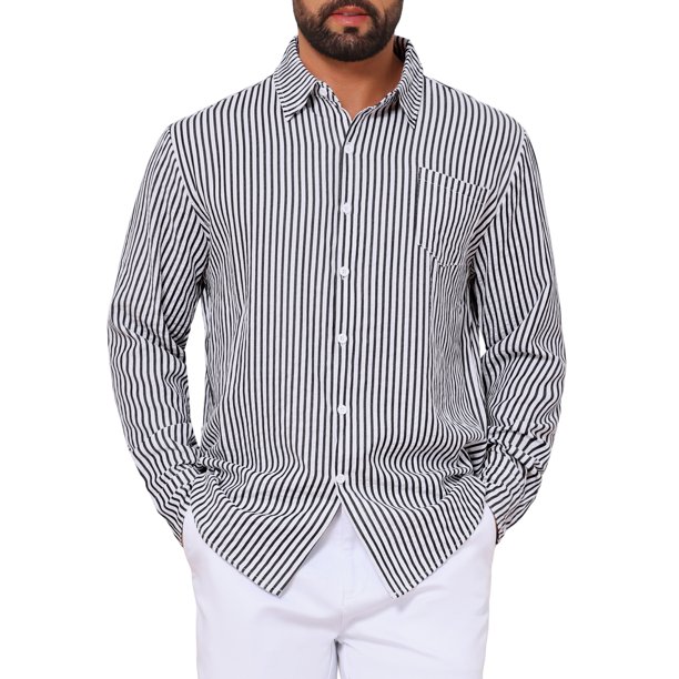 Camisa a Rayas de Manga Larga Casual para Hombre INSPIRE CHIC con Bolsillo en el Pecho L Negro Blanco