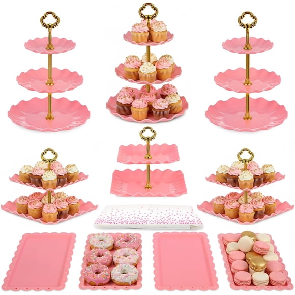 Set de 11 soportes para tortas NWK, rosa, de 3 y 2 pisos