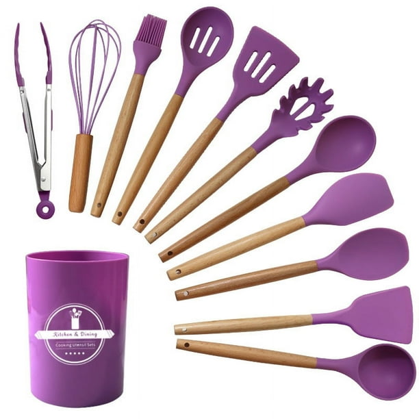 Utensilios de cocina de silicona, 12 piezas, antiadherentes y resistentes al calor, con mango de madera, color negro