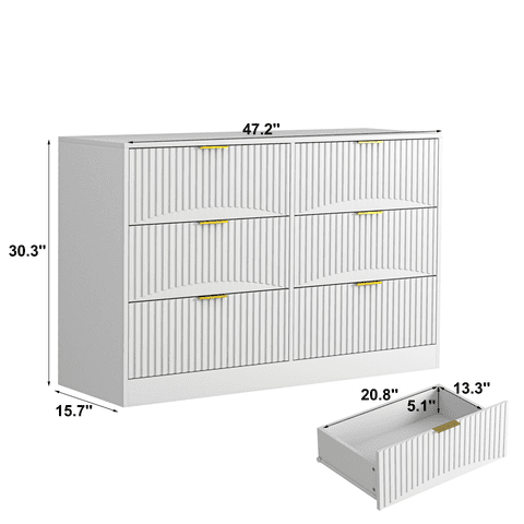 M&Ms - Modern 6-Drawer Dresser, Chest Of Drawers For Bedroom, Living Room, Hallway, And Entryway - Large Storage Cabinet, White,Drawer Panel With Wavy Patterns
