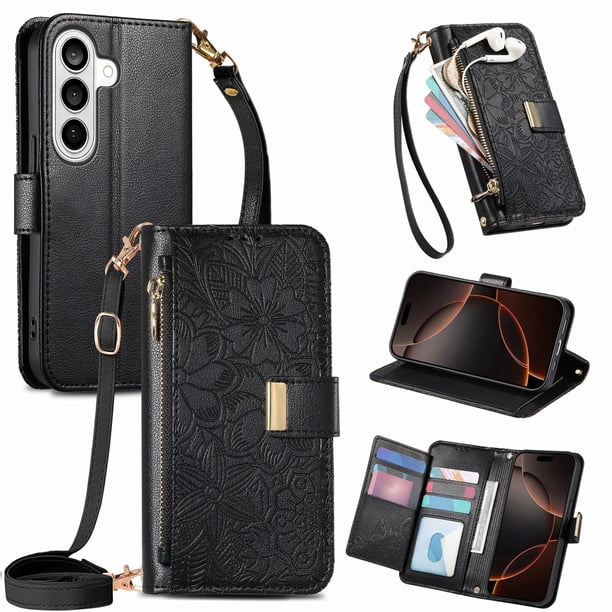Funda tipo cartera de piel sintética FOXDOCK para Samsung Galaxy S26 Pro – Resistente a golpes y a las interferencias RFID – Correa de mano larga negro